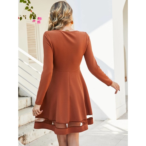 sheer long sleeve Mesh Insert Square Neck Flare Hem Dress stripe black - Picture 3 of 6